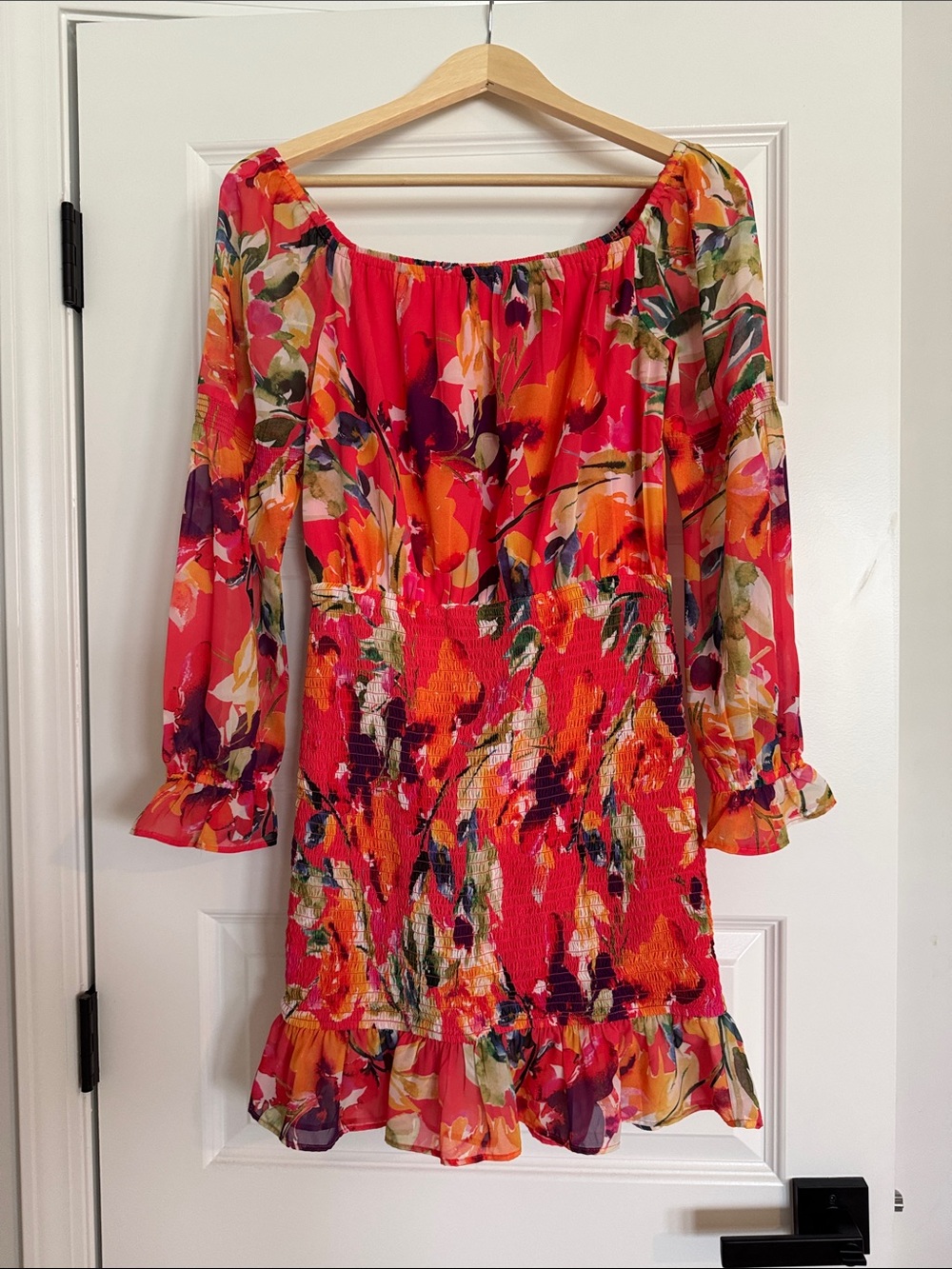 GUESS Coral & Vibrant Multi Floral Off-Shoulder Smocked Mini Dress